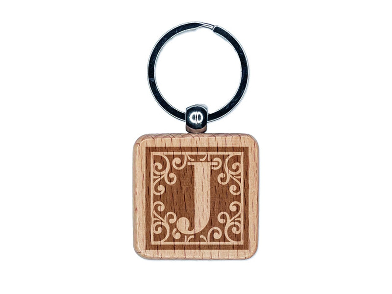 Monogram Swirls Capital Letter J Engraved Wood Square Keychain Tag Charm